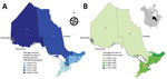 Thumbnail of Geographic distribution of A) annualized incidence (no. cases/100,000 population) of blastomycosis (1995–2015) and B) no. cases of histoplasmosis (1990–2015) by Ontario Local Health Integration Network (LHIN), Ontario, Canada. 1, Erie St. Clair; 2, South West; 3, Waterloo Wellington; 4, Hamilton Niagara Haldimond Brant; 5, Central West; 6, Mississauga Halton; 7, Toronto Central; 8, Central; 9, Central East; 10, South East; 11, Champlain; 12, North Simcoe Muskoka; 13, North East; 14,