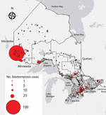 Thumbnail of Geographic distribution of blastomycosis cases with known patient city and forward sortation area (first 3 characters of postal code) (n = 544) in Ontario, 1995–2015. Size of dot is proportional to number of cases at a given location.
