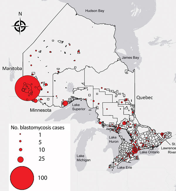 Geographic distribution of blastomycosis cases with known patient city and forward sortation area (first 3 characters of postal code) (n = 544) in Ontario, 1995–2015. Size of dot is proportional to number of cases at a given location.