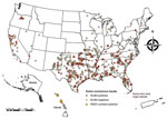 Thumbnail of Collection locations of feral swine samples tested for exposure to swine coronaviruses, United States. In California, 4 PEDV-positive samples were detected at the same location. Samples that were ELISA-positive, but PEDV-negative probably indicate exposure to transmissible gastroenteritis virus.