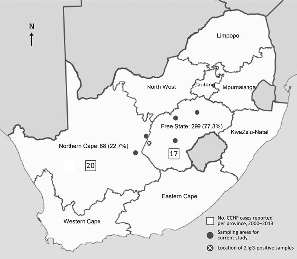 Number and percentage of participants in the Free State Province (177 abattoir workers, 30 informal slaughters, 11 veterinarians, 32 horse handlers, 46 recreational hunters, 3 other) and Northern Cape Province (38 abattoir workers, 32 horse handlers, 3 recreational hunters, 12 farmers, 3 other) in a seroprevalence study of Crimean-Congo hemorrhagic fever virus in South Africa, April 2016–February 2017.