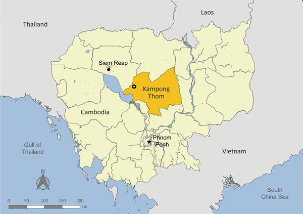 Location of duck mortality event and detection of influenza A(H7N3) virus in Kampong Thom Province (gold shading), Cambodia, January 2017. Open circle indicates exact location of the mortality event.