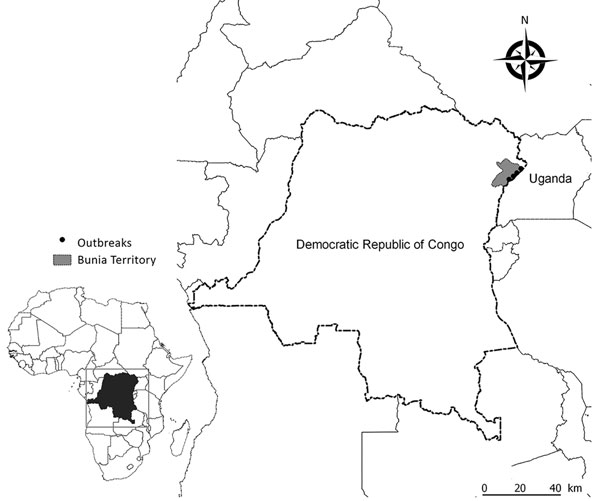 Location of confirmed highly pathogenic avian influenza virus A (H5N8) infection in Bunia territory, on the border with Uganda, Democratic Republic of the Congo, 2017. Inset shows location of Democratic Republic of the Congo in Africa.