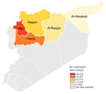 Thumbnail of Target region for leishmaniasis control programs in northern Syria (color shading) and the number of estimated new cases of cutaneous leishmaniasis per year by province in this region.