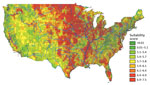 Thumbnail of Mean Histoplasma site suitability score by US ZIP code. Red reflects greater histoplasmosis suitability; green reflects less suitability. The weighted mean score (Table) was calculated for each ZIP code. Data for geographic regions west of the Rocky Mountains are considered insufficient because of limited surface water data.