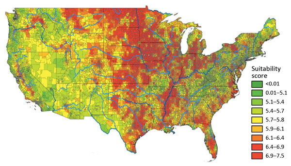 Mean Histoplasma site suitability score by US ZIP code. Red reflects greater histoplasmosis suitability; green reflects less suitability. The weighted mean score (Table) was calculated for each ZIP code. Data for geographic regions west of the Rocky Mountains are considered insufficient because of limited surface water data.