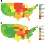 Thumbnail of State-level suitability score compared with histoplasmosis incidence rates, United States. A) State-level suitability score map. B) State-level histoplasmosis incidence rates for 1999–2008 US Medicare and Medicaid data (no. cases/100,000 person-years).