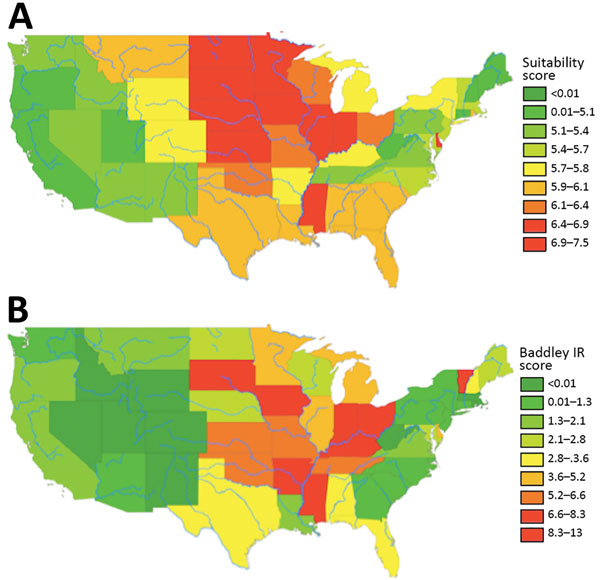 State-level suitability score compared with histoplasmosis incidence rates, United States. A) State-level suitability score map. B) State-level histoplasmosis incidence rates for 1999–2008 US Medicare and Medicaid data (no. cases/100,000 person-years).
