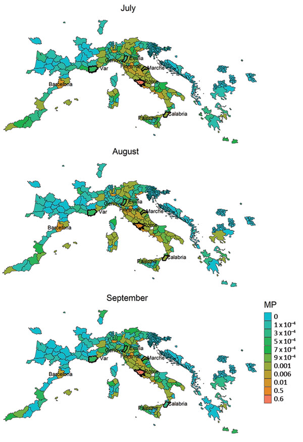 MP estimates from the Lazio region, Italy, to areas in Europe with stable populations of Aedes albopictus mosquitoes, July–September 2017. Heavy outlines indicate the outbreak areas. MP, mobility proximity.