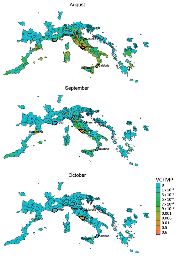Thumbnail of Estimated areas of risk for chikungunya spread from the outbreak areas of Anzio and Rome in the Lazio region, Italy, based on combined VC and estimates, August–October 2017. Heavy outlines indicate the outbreak areas. MP, mobility proximity; VC, vectorial capacity.