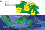 Thumbnail of Locations of sampling areas and of different hemagglutinin (HA) clades in study of avian influenza A(H5N1) viruses circulating in Indonesia, 2015–2016. A) West Java Province; B) location of province in Indonesia (box). Data were compiled from this study and additional sequence data of Directorate General for Livestock Services, the Indonesian Ministry of Agriculture, and submitted to GenBank (accession nos. EPI1009273–463).