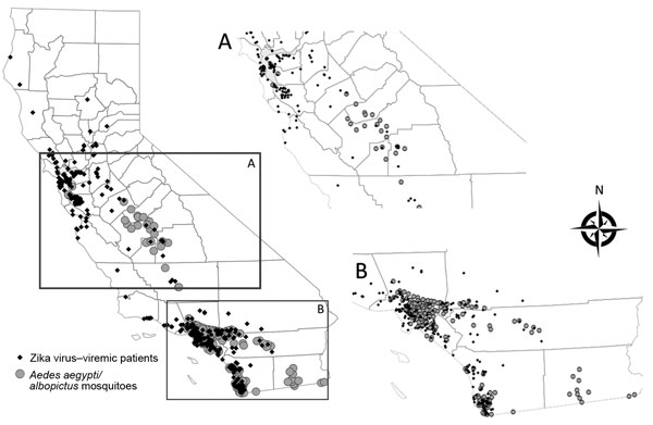 Locations where Aedes spp. mosquitoes were detected and residences of possibly viremic case-patients infected with Zika virus, central (A) and southern (B) California, USA, October 2015–September 2017. Insets show larger views of corresponding region.