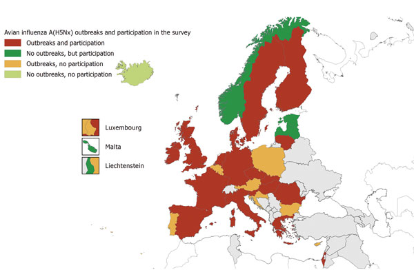 Reported highly pathogenic avian influenza outbreaks and participation in the European Centre for Disease Prevention and Control survey, by country, European Union/European Economic Area and Israel, 2016–17.