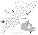 Thumbnail of Map of the 29 southern Ontario public health units’ boundaries and corresponding identification numbers (see Table). Inset shows location of southern Ontario within Canada.