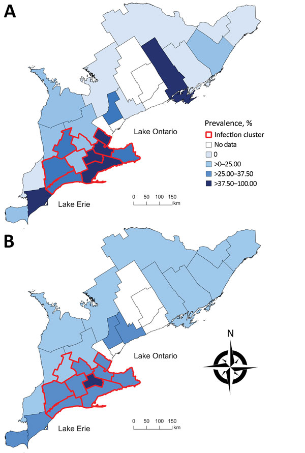 Choropleth maps of A) the unadjusted prevalence and B) the empirical Bayesian-smoothed prevalence of Echinococcus multilocularis tapeworms in coyotes and foxes across 25 southern Ontario public health units, 2015–2017. Unadjusted and smoothed prevalence estimates are categorized by quartiles on the basis of unadjusted prevalence estimates. Red boundaries indicate a significant spatial cluster of high prevalence identified by using a spatial scan test with a Bernoulli model on the basis of data g