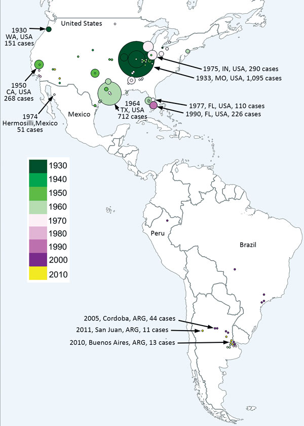 Geographic distribution of historical St. Louis encephalitis human cases reported in the Americas through November 2017. Dot size represents the number of human cases reported in each episode. Colors represent year of detection.