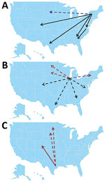 Thumbnail of Summary of source/sink analysis in study of terrestrial bird migration and West Nile virus circulation, United States. Minimum number of migration events detected from A) the Eastern flyway, B) Illinois, and C) the Central flyway. Only events that occurred at least twice are depicted. Red arrows, northward migration; black arrows, southward migration; green arrow, lateral migration; dotted arrows, migration that could not be confirmed by incident-controlled downsampling because of a