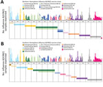 Thumbnail of Matching between circulating and vaccine strains of influenza A(H3N2), Hong Kong, China, 1996–2012. Each circulating virus was assigned on the basis of full-length hemagglutinin amino acid distance and phylogenetic tree topology to the closest World Health Organization–recommended influenza A(H3N2) vaccine strain for Northern Hemisphere (A) and Southern Hemisphere (B) vaccines. Closely matched viruses are labeled with the same color. The circulating strains with no closest vaccine s