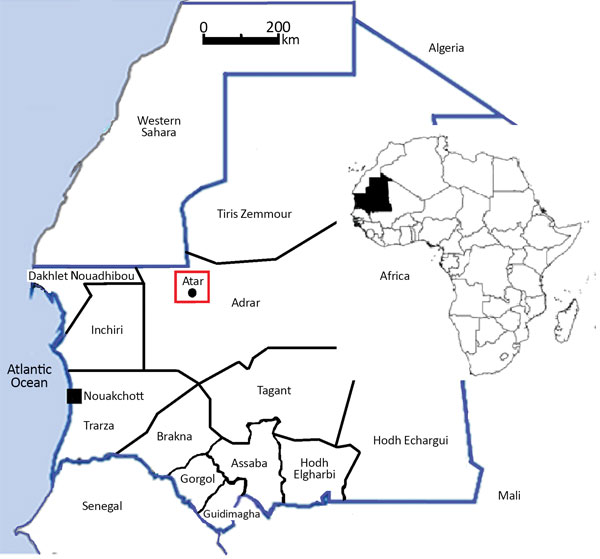 Study site for investigation of malaria in Mauritania (red box). Twelve provinces and Nouakchott (the capital city) are also shown. Inset map shows location of Mauritania in Africa.