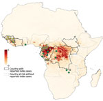 Thumbnail of Study sites for bat blood sample collection for Ebola virus serology, Guinea, Cameroon, and the Democratic Republic of the Congo, 2015–2017. Yellow dots indicate sampling sites for bats in our study, and green dots indicate sampling sites in previously published studies. Dark red shading indicates highest and light yellow lowest risk for Ebola virus spill over events. Study sites are numbered: 1, Koundara; 2, Conakry; 3, Kindia; 4, Mamou; 5, Kankan; 6, Gueckedou; 7, Macenta; 8, Nzer