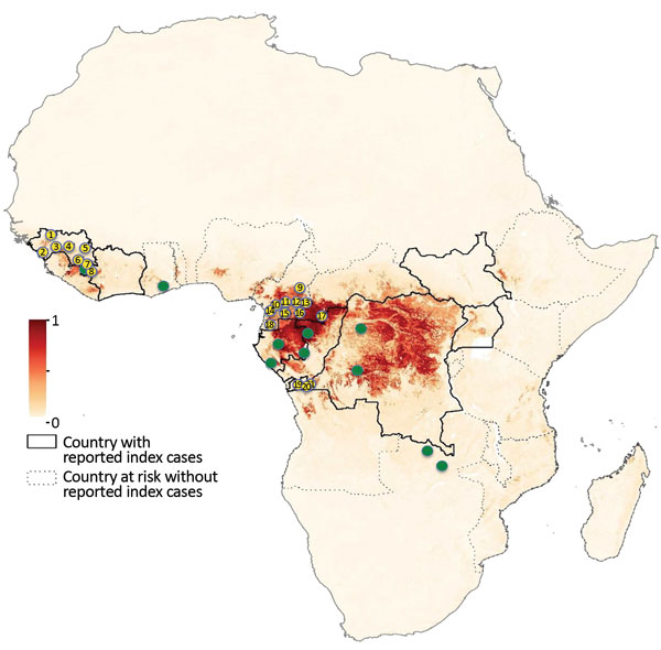 Study sites for bat blood sample collection for Ebola virus serology, Guinea, Cameroon, and the Democratic Republic of the Congo, 2015–2017. Yellow dots indicate sampling sites for bats in our study, and green dots indicate sampling sites in previously published studies. Dark red shading indicates highest and light yellow lowest risk for Ebola virus spill over events. Study sites are numbered: 1, Koundara; 2, Conakry; 3, Kindia; 4, Mamou; 5, Kankan; 6, Gueckedou; 7, Macenta; 8, Nzerekore; 9, Mba