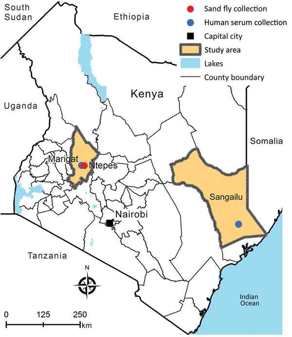 Geographic location of sand fly collection site (Ntepes) and district hospitals of Marigat and Sangailu, where human serum samples were collected, Kenya.