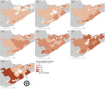 Thumbnail of Annual prevalence of Borrelia burgdorferi in Ixodes scapularis ticks from passive tick surveillance, based on forward sortation area of tick submitter, 3 public health units, eastern Ontario, Canada, 2010–2016. 