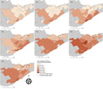 Thumbnail of Spatiotemporal spread of human Lyme disease incidence, 3 public health units, eastern Ontario, Canada, 2010–2016. Annual Lyme disease incidence estimated from notifiable disease surveillance and population data based on forward sortation area of patient residence.