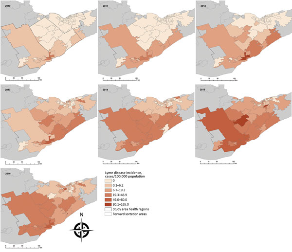 Spatiotemporal spread of human Lyme disease incidence, 3 public health units, eastern Ontario, Canada, 2010–2016. Annual Lyme disease incidence estimated from notifiable disease surveillance and population data based on forward sortation area of patient residence.