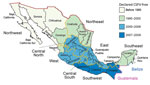 Thumbnail of Swine exportation to Mexico from the United States and eradication of CSFV in Mexico. The 32 states of Mexico shaded according to the year when CSFV was declared to be eradicated by the Secretariat of Agriculture, Livestock, Rural Development, Fishery and Food of the government of Mexico. International borders are shaded between Mexico and the United States (red), Belize (blue) and Guatemala (violet). The 8 regions of Mexico are indicated, and their borders are shaded orange. CSFV, 