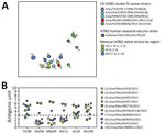 Thumbnail of Antigenic relationships between contemporary influenza A (H3N2) viruses from Mexico and representative strains from the United States. A) Antigenic map of contemporary swine H3N2 viruses from Mexico and the United States. Antigenic clusters are indicated by color as in Figures 4 and 5. CN, central; E, east; NW, northwest; SE, southeast; W, west. B) Antigenic distance between H3N2 virus from Mexico and representative swine strains from the United States and a putative ancestral human