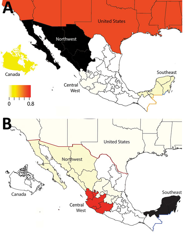 Sources of influenza A viruses circulating in swine in northwestern and southeastern Mexico. Each region is shaded according to the proportion of total Markov jump counts from that particular region (source) into A) northwest or B) southeast regions of Mexico (destination). Red indicates high proportion of jumps (major source of viruses); light yellow indicates low proportion of jumps (not a major source of viruses); black indicates destination; white indicates no jumps/no data available. Seven 