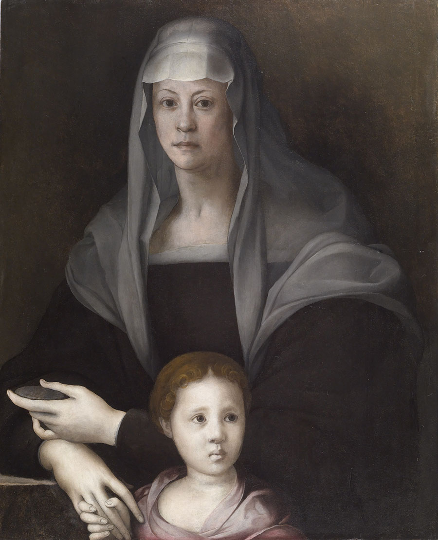Portrait of Maria Salviati and Giulia de’ Medici depicted by Pontormo (Jacopo Carucci) in 1537 c. Oil on panel. 34.65 × 28.07 in. (88 × 71.3 × 1 cm). (The Walters Art Museum, Baltimore.)