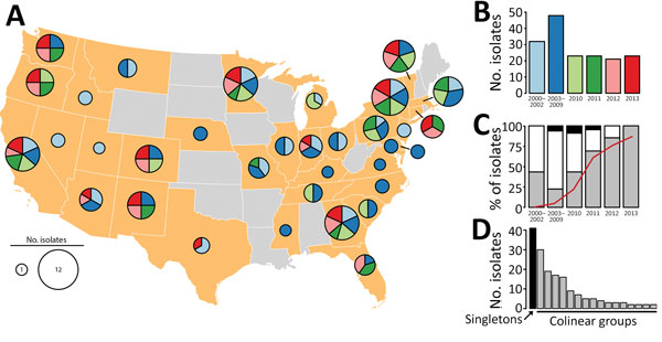 Bordetella pertussis diversity, United States, 2000–2013. A) Geographic origin of B. pertussis isolates selected to maximize the number of source states from each of 6 time periods. Pie chart diameter represents the number of isolates, as detailed in the key, and colors indicate time periods, as shown in panel B. B) Isolate frequency by time period. C) Relative abundance of MLST types prn2-ptxP3-ptxA1-fimH1 (gray), prn2-ptxP3-ptxA1-fimH2 (white), and other (black). Red line indicates frequency o