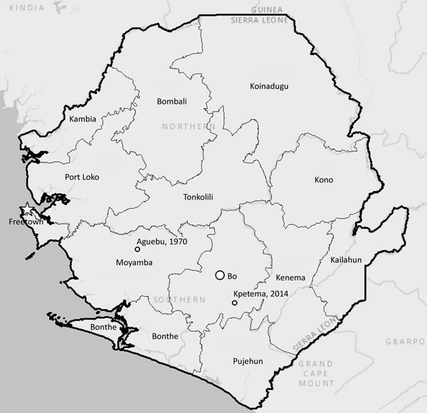 Map of Sierra Leone showing the location of monkeypox cases from 2014 (Kpetema) and 1970 (Aguebu). Map credits: Esri, HERE, Delorme, MapmyIndia, © OpenStreetMap contributors, and the GIS user community.