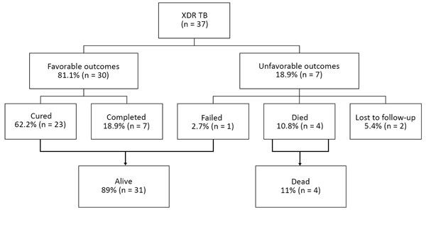 Treatment outcomes for 37 children treated for XDR TB. XDR TB, extensively drug-resistant tuberculosis.