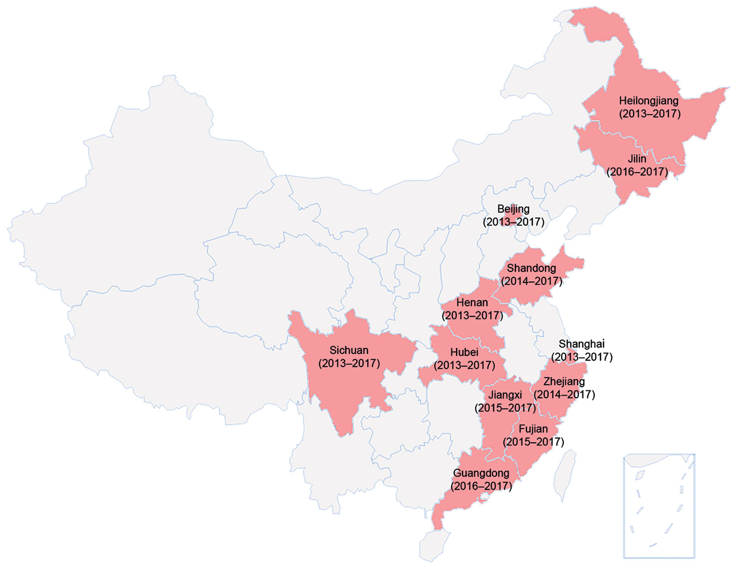 Geographic distribution of 12 selected provinces (red shading) included in human listeriosis surveillance, China, 2013–2017.