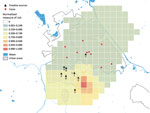 Thumbnail of Map of the norrmalized measure of risk for Legionnaires’ disease, Boxtel, the Netherlands, October 2016–December 2017. Results are based on case-patients living in Boxtel who constituted the clusters occurring in 2016 and 2017 (n = 11). Red dots indicate the residential address (postal code) of case-patients. A hotspot is an area with a measure of risk &gt;0.9. Gray dots indicate Legionnaires’ disease cases in nonresidents; these cases are not included in the model. Black triangles 