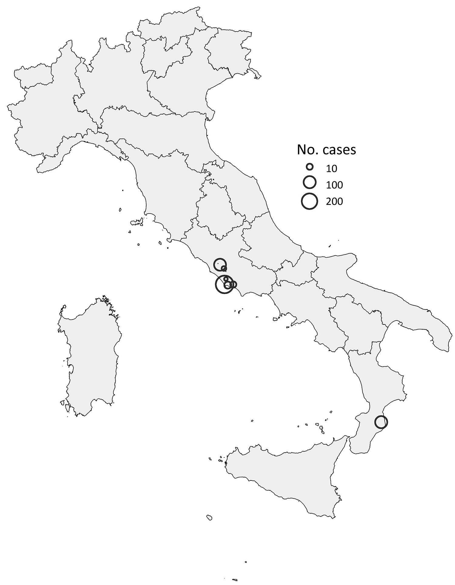 Location and size of clusters of 499 cases of chikungunya (probable and confirmed), by municipality, in central and southern Italy, June 26– November 15, 2017.