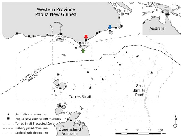 Communities within and boundaries of Torres Strait Protected Zone. Green arrow indicates Saibai Island, Australia; red arrow Mabaduan village, Papua New Guinea; and blue arrow Daru Island, Western Province Provincial Capital, Papua New Guinea. Inset depicts location of Torres Strait Protected Zone between Australia and Papua New Guinea. Operational details on how the 1978 Torres Strait Treaty functions can be accessed online (https://dfat.gov.au/geo/torres-strait/Documents/torres-strait-guidelin