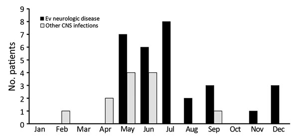 Monthly distribution of patients admitted to Hospital Infantil Universitario Niño Jesús, Madrid, Spain, for CNS infections in 2016. CNS, central nervous system; EV, enterovirus.
