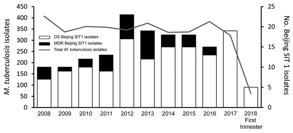 Prevalence of tuberculosis cases and Mycobacterium tuberculosis Beijing SIT1 genotype, Auvergne-Rhône-Alpes, France, 2008–2018. DS, drug-sensitive; MDR, multidrug-resistant.