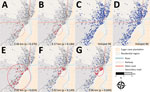 Thumbnail of Geographic patterns of Plasmodium falciparum infection and IgG seropositivity in pregnant women living in southern Mozambique. Geographic distribution of seropositive pregnant women (HIV-uninfected and HIV-infected) living in Manhiça District, Mozambique, who delivered during 2010–2012 and for whom microscopy, quantitative PCR (qPCR), and spatial geocoordinates were available. Distribution shows pregnant women with and without P. falciparum infection at delivery, either in periphera