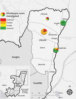 Thumbnail of Locations of monkeypox outbreaks and case classifications, Likouala Department, Republic of Congo, 2017. Numbers in circles indicate total number of cases in each area (all case classifications). Inset shows location of study area within Republic of Congo.