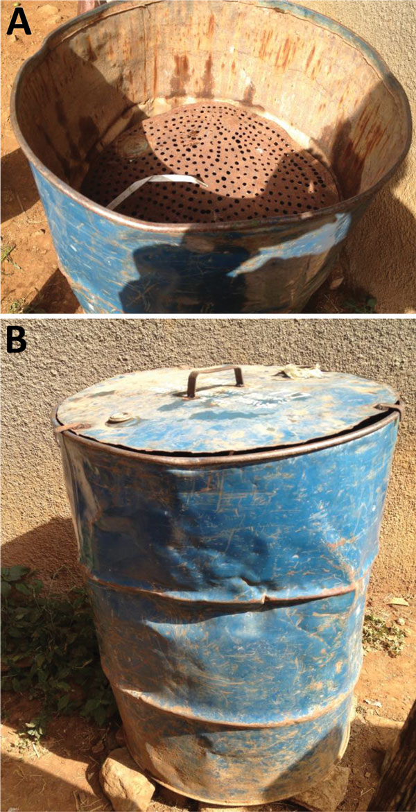 Wood-fired steaming barrel from a healthcare center in the highlands of Ethiopia that is used to kill clothes lice and their eggs during outbreaks of louseborne relapsing fever. A) Top view; B) front view showing lid. This 200-L barrel is modeled on the Stammers Serbian barrels.
