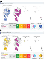 Thumbnail of Screenshots of maps and alerts generated by the World Health Organization Early Warning, Alert and Response System during week 1, January 2018, in Rohingya refugee settlements in Cox’s Bazar, Bangladesh. A) Measles; B) acute jaundice syndrome.