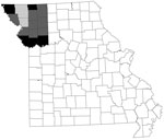 Thumbnail of Location of counties targeted for study of seroprevalence of Heartland virus in blood donors, northwestern Missouri, USA. Gray shading indicates 10 counties included in analysis; lighter gray shading indicates counties where first cases were identified. Black shading indicates 5 counties excluded from analysis because they had &lt;5 blood donors.