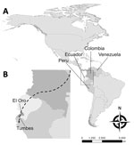 Thumbnail of Probable migration route of imported malaria cases described in study of effects of political instability in Venezuela on malaria resurgence at the Ecuador–Peru Border, 2018. A) Locations of the 4 countries along the migration route in South America; B) El Oro Province and Tumbes Region on the Ecuador–Peru border. The city of Huaquillas, Ecuador, is 70 km southwest of Machala, the location of the single autochthonous malaria case in this country. Huaquillas is the primary border cro
