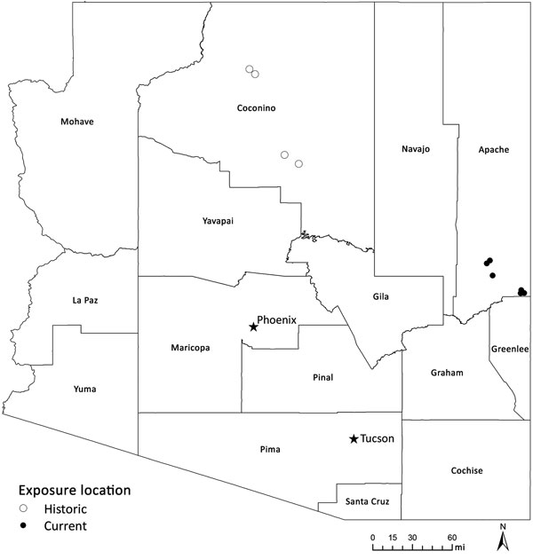 Exposure location for historic (1973–2014) tickborne relapsing fever outbreaks in Coconino County and 6 current (2013–2018) cases in the White Mountains region, Arizona, USA.