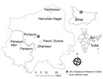 Thumbnail of Collection sites of clinical samples from patients infected with Artyfechinostomum sufrartyfex trematodes at SSL Hospital and Research Center, Sitamarhi, Bihar, India. Black border indicates district boundary. Insets show location of Sitamarhi in Bihar and location of Bihar in India. SSL, Shri Shubh Lal. 